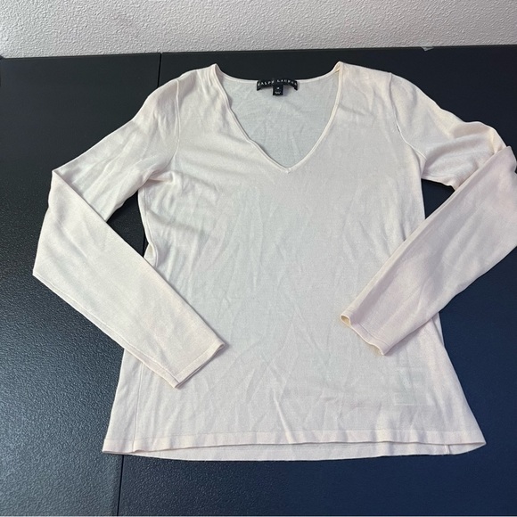 RALPH lauren cashmere & silk cream v-Neck long sleeve SZ medium - Picture 1 of 6